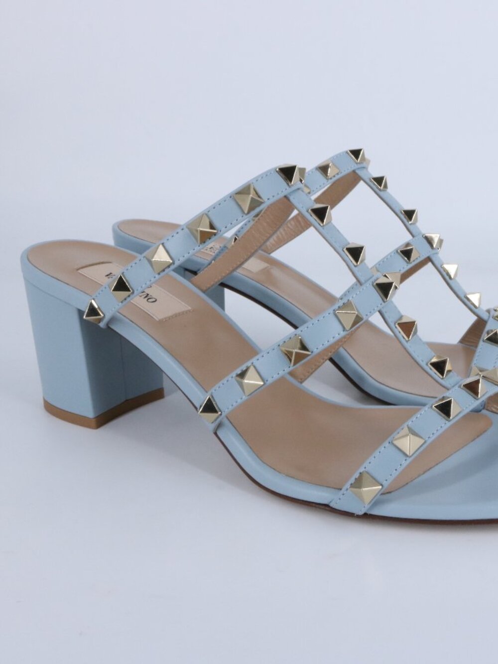 Valentino 40 Porcelain Blue Gold Cage Rockstud 60mm Classic Heels Sandals E938 - Picture 4 of 15